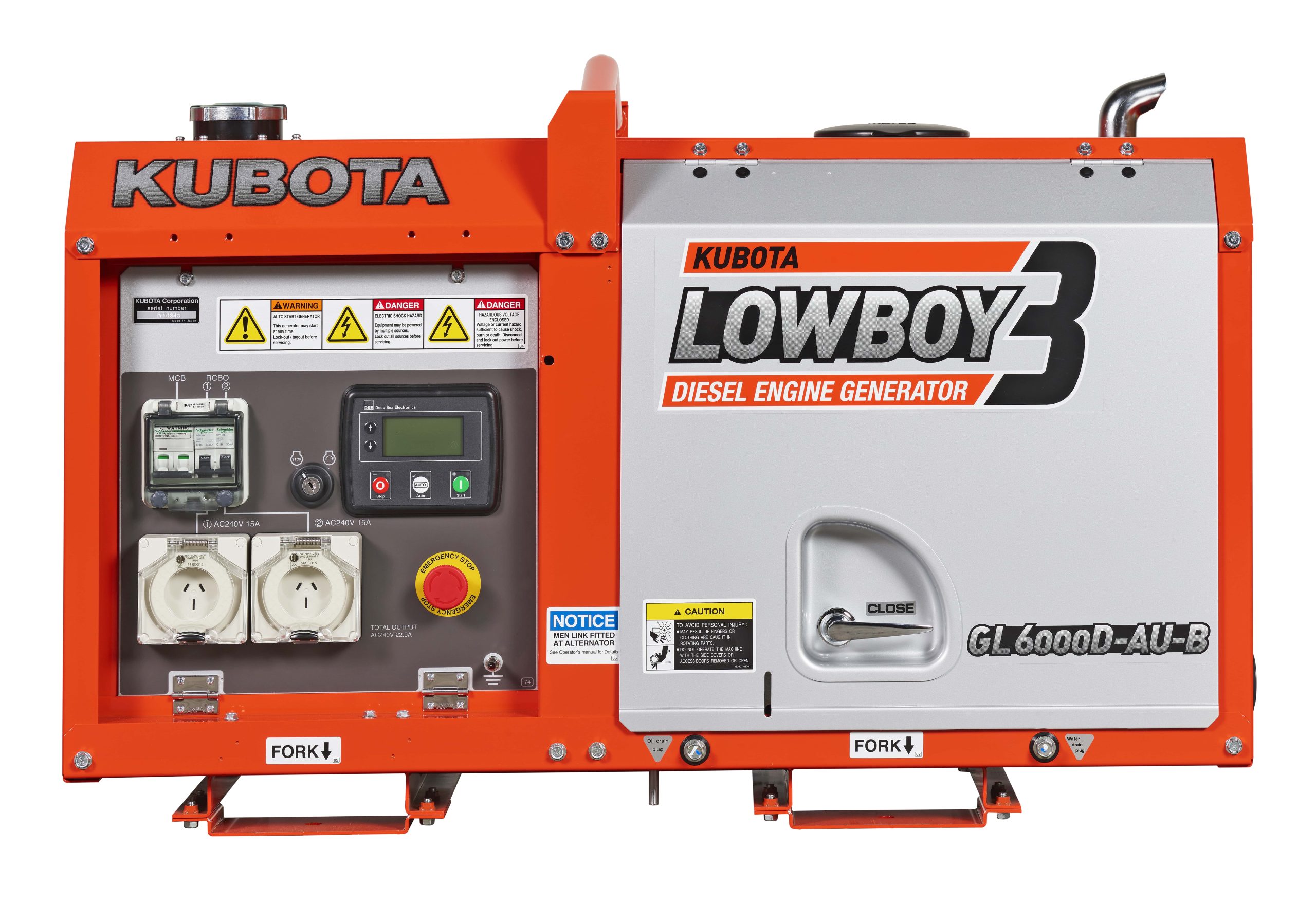 Kubota Lowboy Generator GL6000D-AU-B, 2 Year Warranty (Ex Display Stock)